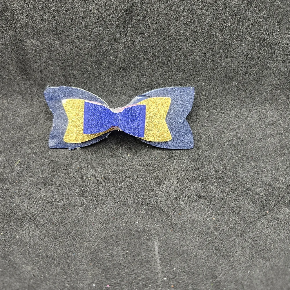 Handmade Blue & Gold Glitter Faux Leather Hair Bow Barrette Hair Clip